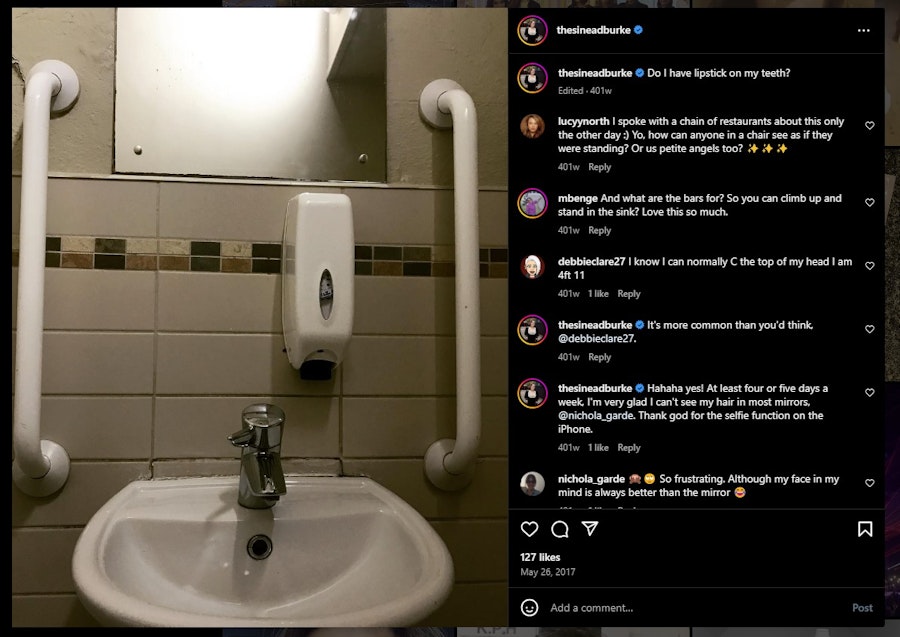 Instagram post showing a low sink with two handles next to it, a mirror is at the top of the frame but does not reflect the photographer.