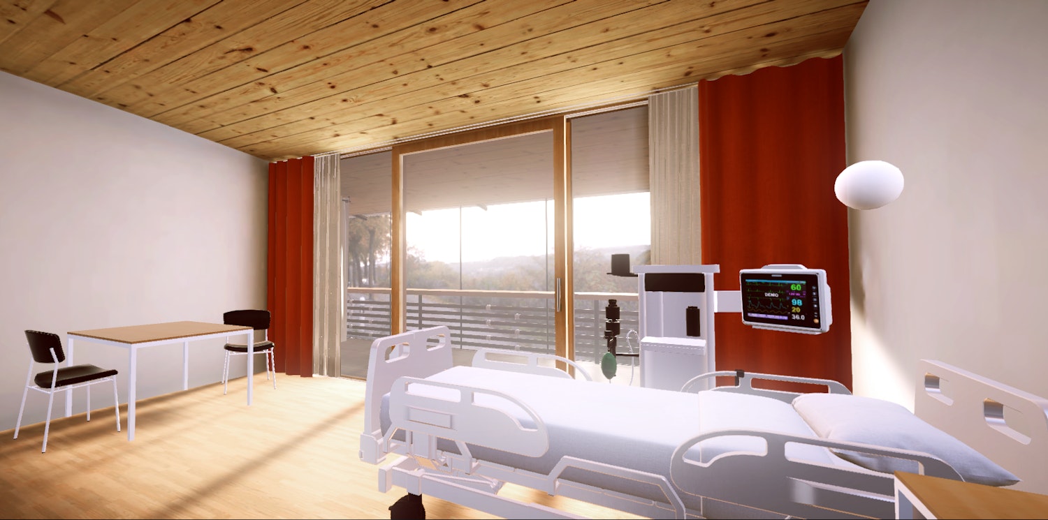 3D render of a hospital room with a bed, table and chairs, red curtains, wood floors and roof, and a balcony.