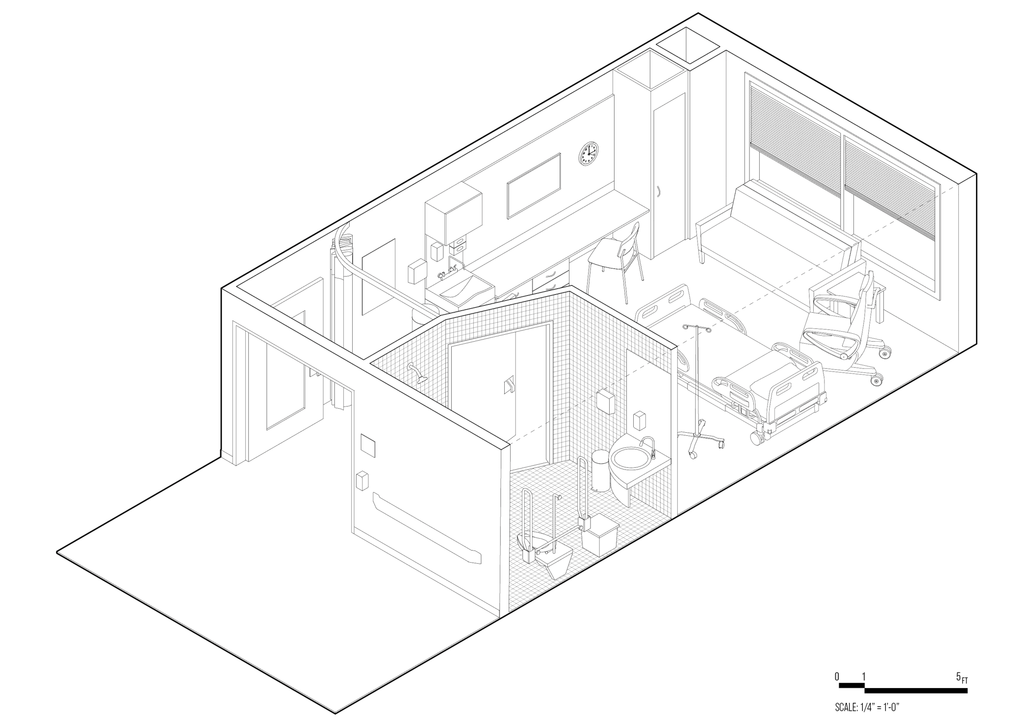 Axonometric line drawing of another hospital room with bed, a couch, doctor’s desk, bathroom, and a window.