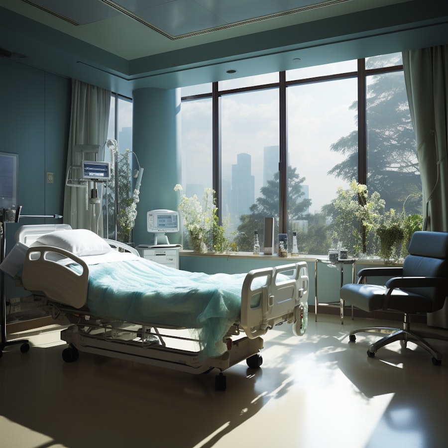 An AI-generated  “quiet” hospital room with a large window looking out to a forest.