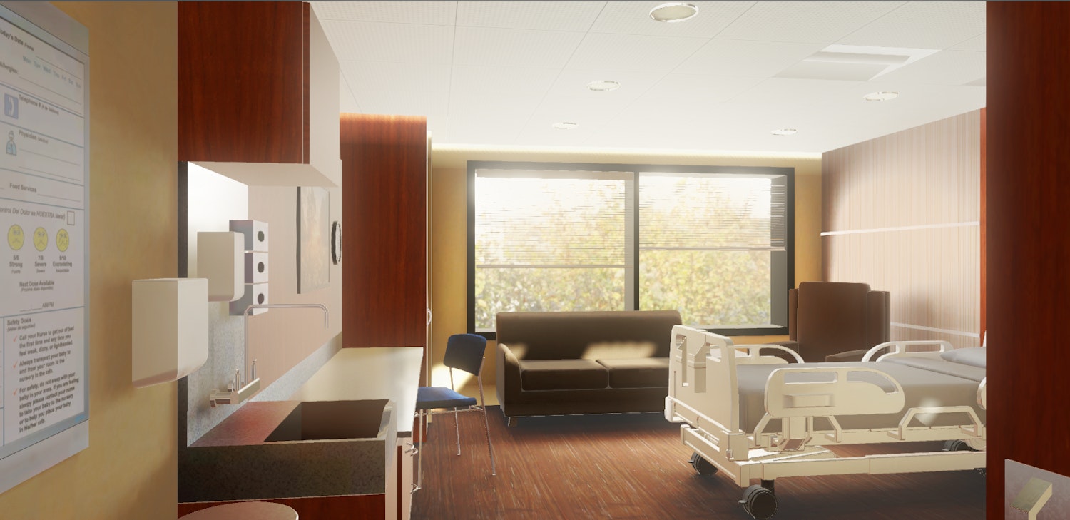 A 3D render of the room from Fig. 3, showing the window looking out to a sunny day.