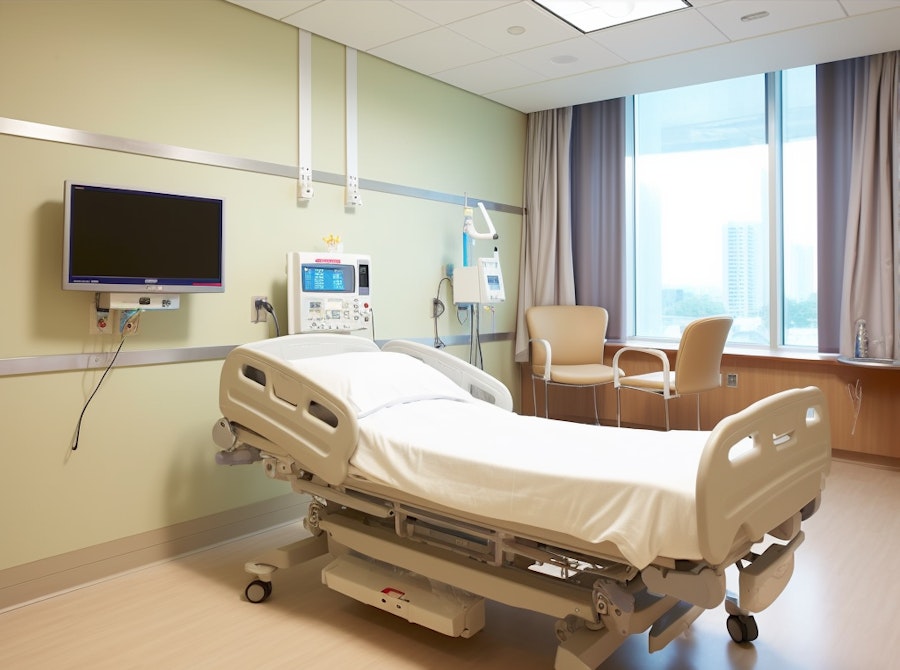 Control image, an AI-generated “standard” hospital room with a bed, monitors, and chairs.
