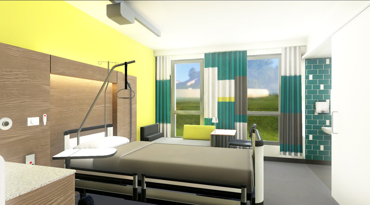 Axonometric line drawing of another hospital room, showing a bed tiled, bathroom wall, and a window looking out to green planes.