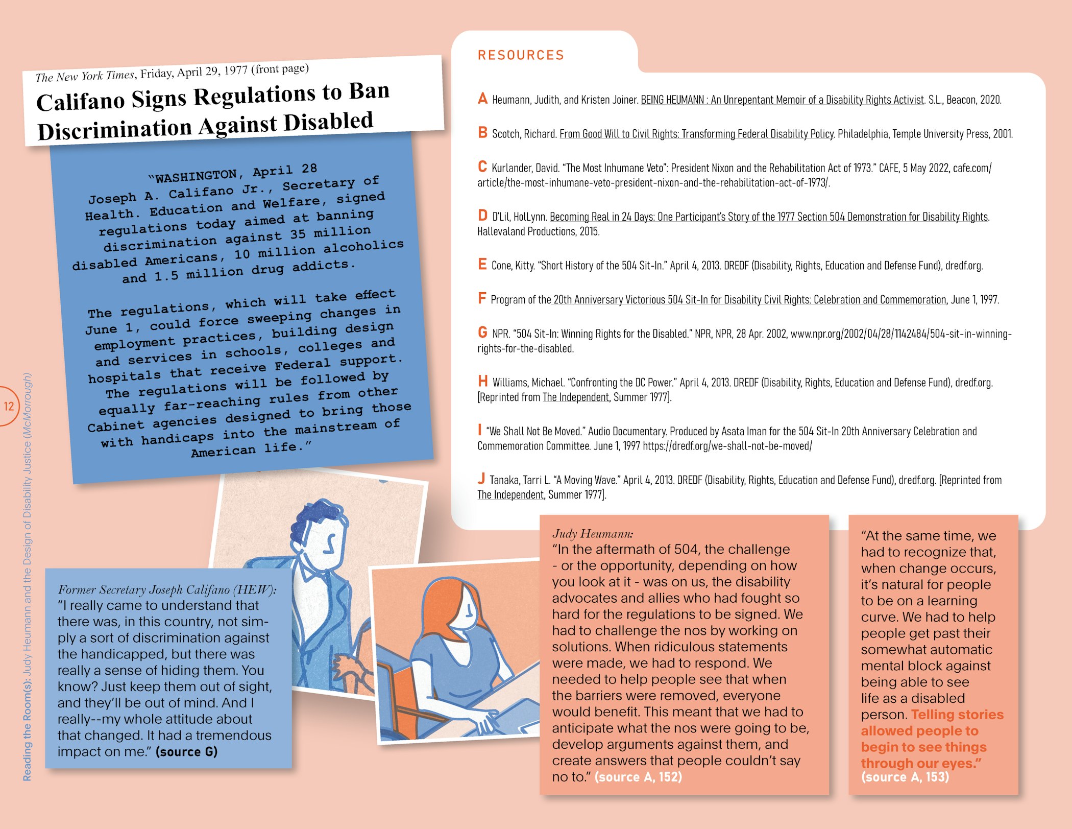 A New York Times headline from April 29, 1977 announces that Califano has signed Section 504. Below this, an illustration of Califano is accompanied by a quote that he supports the rights of the disabled. To the right, an illustration of Judy Heumann is accompanied by a quote. Above this, ten bibliographic resources used for this essay are listed.