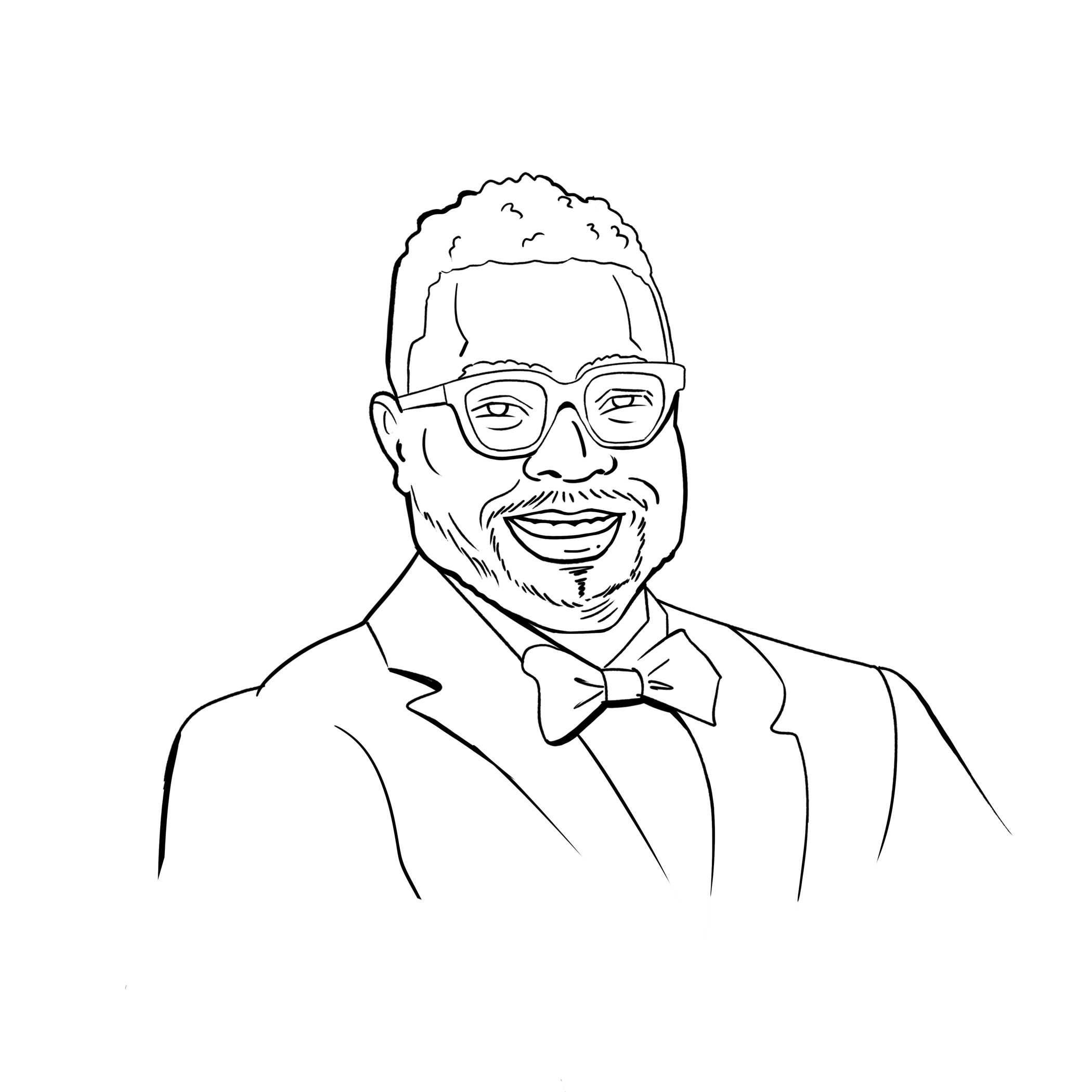 Line drawing of Dr. O from the chest up, wearing a suit with a bowtie and glasses, smiling.