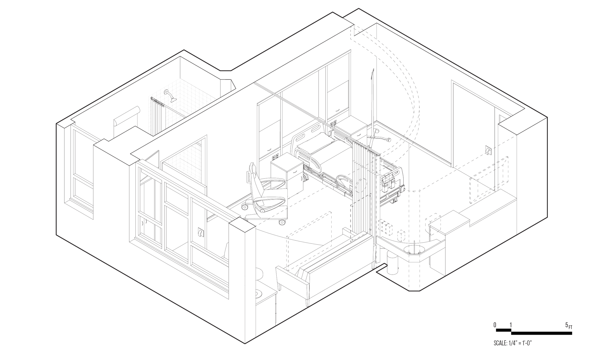 Another axonometric line drawing of a hospital room, here with a curtain between the patient area and bathroom & family area.