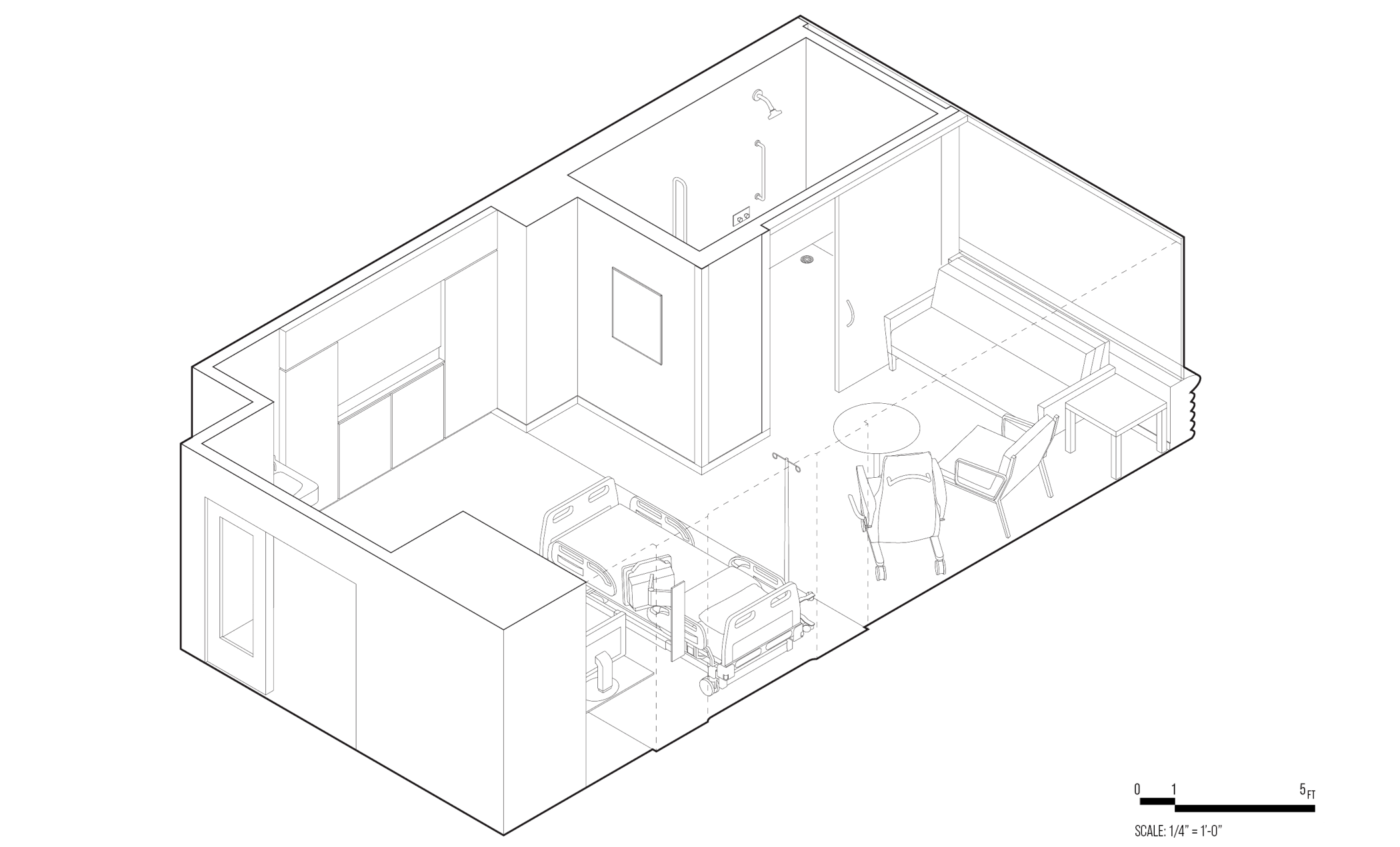 Another axonometric line drawing of a hospital room, with similar features to Fig. 3 arranged differently.