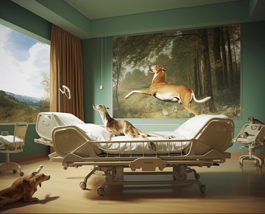 AI-generated image of two dogs in a hospital room with a picture of a dog behind them.
