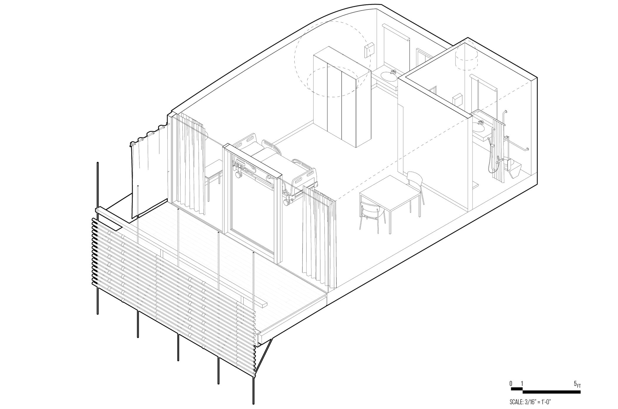 Axonometric line drawing of the room from figure 1, additionally showing a walled off bathroom and another sink with a mirror behind cabinets.